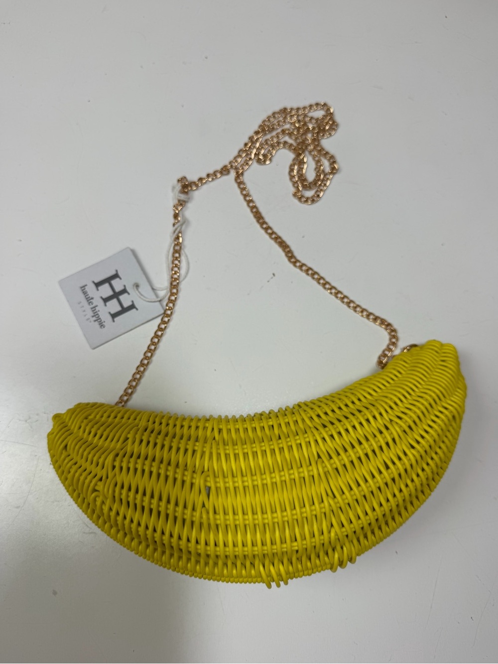 Haute Hippie Style Yellow Wicker Banana Gold Chain Crossbody Bag NWT - Picture 5 of 13